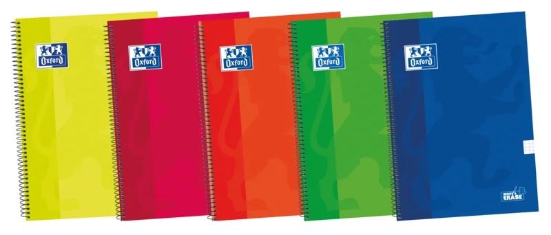 Oxford School Classic Write&Erase Fº Cuaderno Espiral - Tapa Extradura Resistente - Cuadricula 5x5 con Margen - 80 Hojas - Colores Surtidos · Pack de 5 uds.