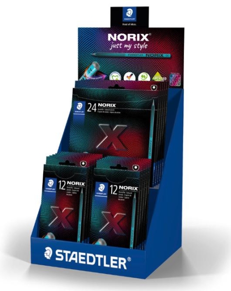 Staedtler Norix 186 Expositor con 20 Packs de 12 Lapices de Colores HB + 5 Packs de 24 Lapices de Colores HB - Madera Negra - Mina de Grafito - Diseño Inteligente - Para Escribir, Dibujar y