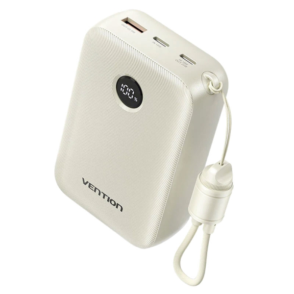 Vention Powerbank de 20000mAh - Potencia de Salida hasta 22.5W - USB-A - USB-C - Pantalla LED - Cable USB-C de 17cm - Apto para Viajes Aereos - Color Beige