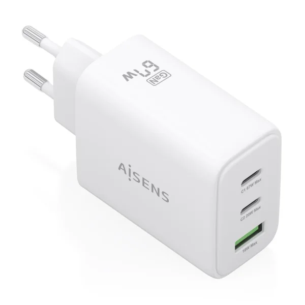 Aisens Cargador GAN 67W - 2x USB-C PD3.0 QC4.0 - 1xUSB-A QC3.0 - Color Blanco