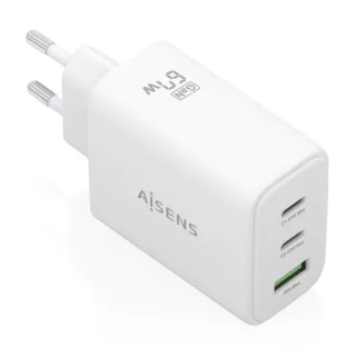 Aisens Cargador GAN 67W - 2x USB-C PD3.0 QC4.0 - 1xUSB-A QC3.0 - Color Blanco