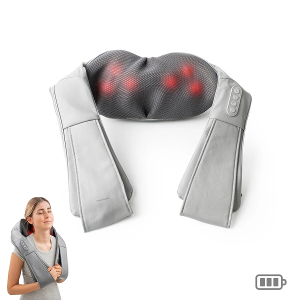 Innovagoods Pro Massatsu Masajeador Shiatsu - 24W - Funcion Calor - 3 Velocidades - Bateria 1800mAh - Recargable - Cabezales Rotativos - Apagado Automatico - 117x18x13cm - Color Gris