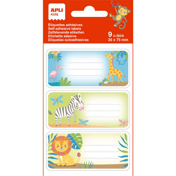 Apli Etiquetas Adhesivas Escolares Savana - Tamaño 81x36mm - Adhesivo Permanente de Alta Calidad - 3 Hojas con 9 Etiquetas (3 por Diseño) - Ideal para Marcar e Identificar - Color Blanco · P