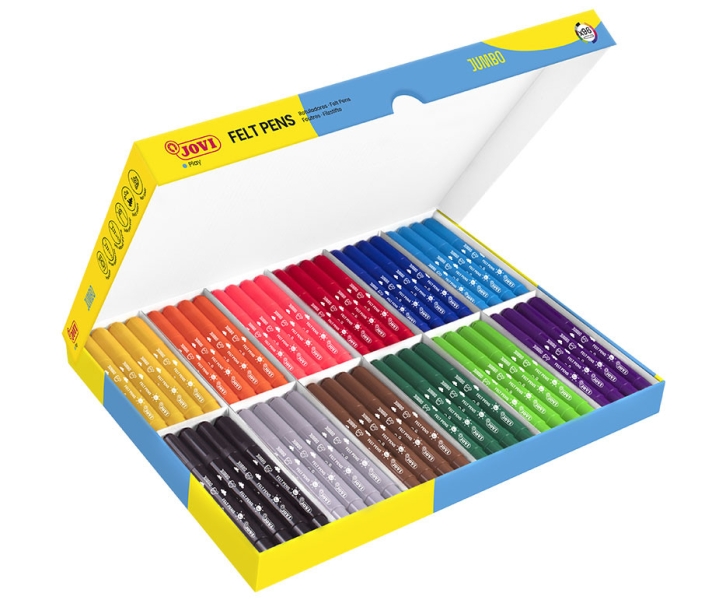 Jovi Felt Pens Pack Escolar 96 Rotuladores Jumbo - Punta Resistente - Capuchon Ventilado - Tinta de Gran Fijacion - Ideal para Escuelas Infantiles - Colores Surtidos