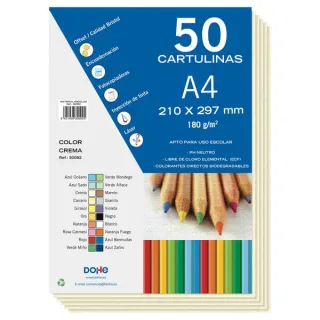 Dohe Pack de 50 Cartulinas A4 de 180gr - Con PH Neutro - Libres de Cloro Elemental - Color Crema