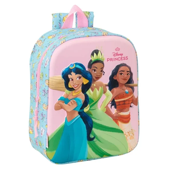 Safta Princesas Disney Mochila Guarderia 3D de 6L - Asa de Mano Superior - Asas Regulables y Acolchadas - Cierre de Cremallera - 22x27x10cm - Color Azul Claro