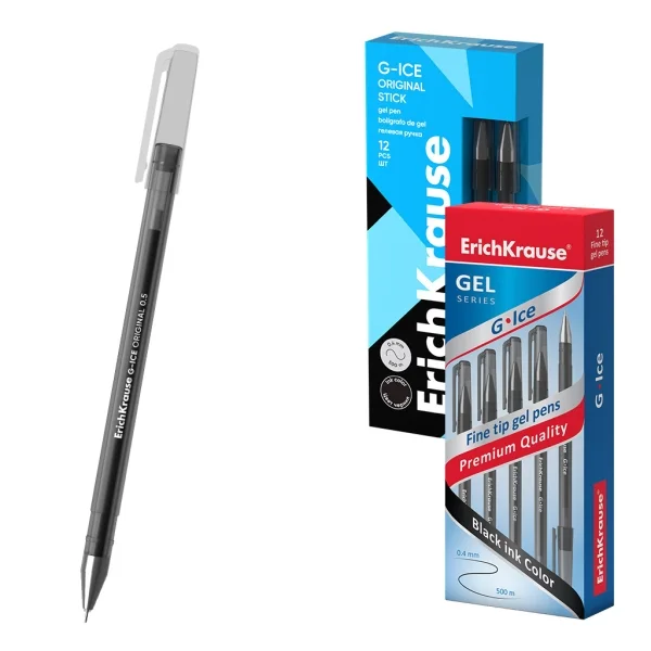 ErichKrause G-Ice Stick Original Boligrafo con Capuchon - Punta de 0.5mm - Trazo 0.4mm - Tinta de Gel - Resistente al Agua - Secado Rapido - Tapa Ventilada - Color Negro · Pack de 12 uds.