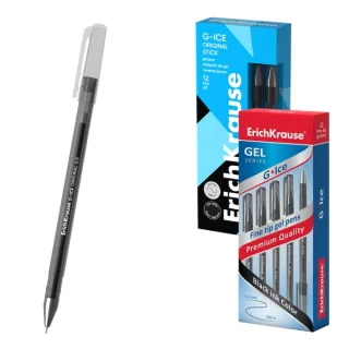 ErichKrause G-Ice Stick Original Boligrafo con Capuchon - Punta de 0.5mm - Trazo 0.4mm - Tinta de Gel - Resistente al Agua - Secado Rapido - Tapa Ventilada - Color Negro · Pack de 12 uds.