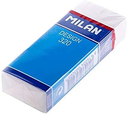 Milan Nata 320 Goma de Borrar Rectangular - Plastico - Faja de Carton Azul - Envuelta Individualmente - Color Blanco · Pack de 20 uds.