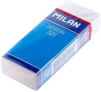 Milan Nata 320 Goma de Borrar Rectangular - Plastico - Faja de Carton Azul - Envuelta Individualmente - Color Blanco · Pack de 20 uds.