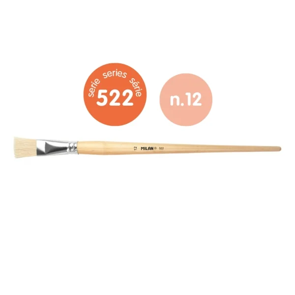 Milan 522 Pack de 4 Pinceles Planos para Oleo Numero 12 - Bolsa con Colgador - Cerda Natural - Color Madera Claro