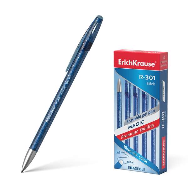 Erichkrause R-301 Magic Gel Boligrafo Borrable - Tinta Gel - Punta de 0.5mm - Trazo de 0.4mm - Cuerpo Semitransparente con Efecto Brillante - Color Azul · Pack de 12 uds.