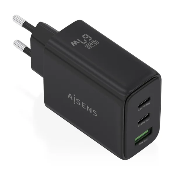 Aisens Cargador GAN 67W - 2x USB-C PD3.0 QC4.0 - 1xUSB-A QC3.0 - Color Negro