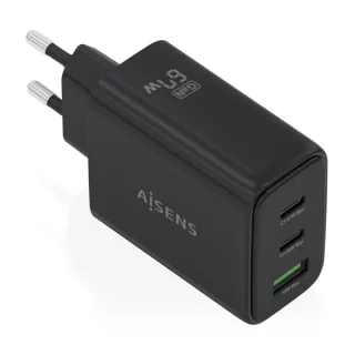 Aisens Cargador GAN 67W - 2x USB-C PD3.0 QC4.0 - 1xUSB-A QC3.0 - Color Negro