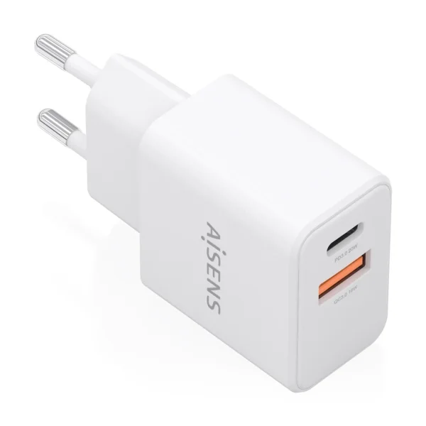 Aisens Cargador Gan 20W - 1xUSB-C PD3.0 - 1xUSB-A QC3.0 - Color Blanco