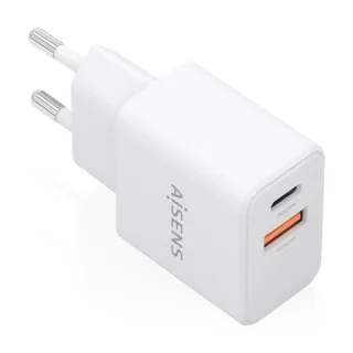 Aisens Cargador Gan 20W - 1xUSB-C PD3.0 - 1xUSB-A QC3.0 - Color Blanco
