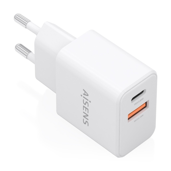 Aisens Cargador Gan 20W - 1xUSB-C PD3.0 - 1xUSB-A QC3.0 - Color Blanco