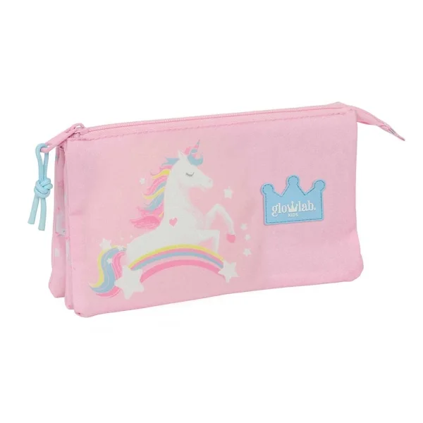 Safta Glowlab Kids Portatodo - 3 Compartimentos con Cremalleras - Bolsillo Interior - 0.6L - 220x30x120mm - Color Rosa