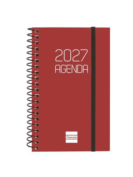 Finocam Espiral Basics Opaque Agenda - Anual 2027 - Semana Vista Horizontal - Formato E3 - 79x127mm - Espiral - Tapa de Polipropileno - Esquinas Microperforadas - Papel de 80g/m2 - Color Burdeos