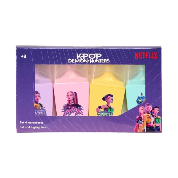 Safta K-Pop Demon Hunters Pack de 4 Marcadores Fluorescentes - Punta Biselada - Colores Surtidos