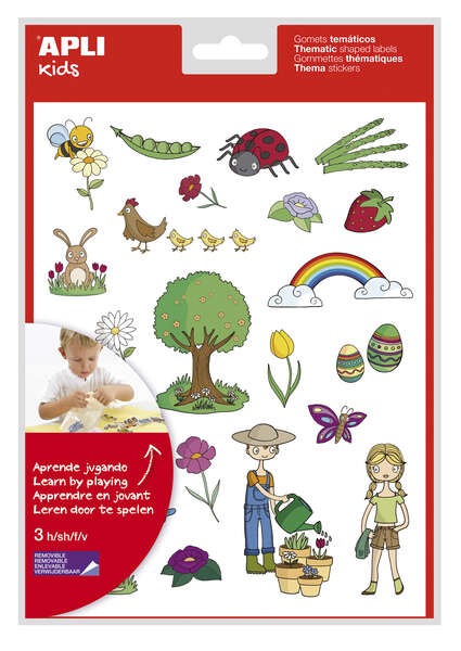 Apli Bolsa de Gomets Tematicos la Primavera - 66 Gomets en 3 Hojas - Adhesivo Removible - Ilustraciones Educativas - Adhesivo Base Agua - Libre de Disolventes - Coloridos