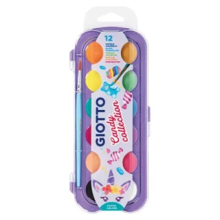 Giotto Candy Collection Estuche de 12 Acuarelas de 30mm + Pincel - Colores Brillantes, Intensos y Vivos - Muy Cubrientes - Colores Surtidos