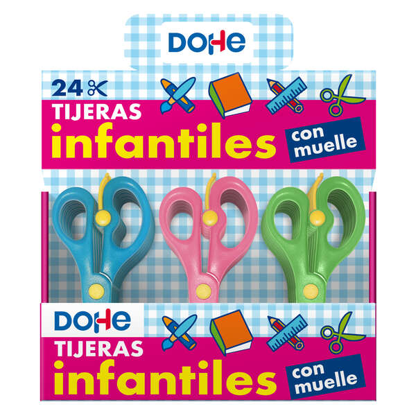Dohe Expositor de 24 Tijeras Escolares de 136mm - Hojas y Mango Ergonomico de Plastico - Puntas Redondeadas - Muelle para Facilitar el Corte - Colores Surtidos · Pack de 24 uds.