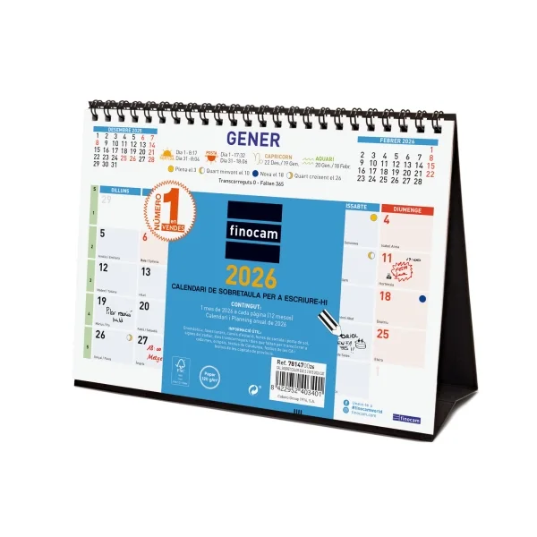 Finocam Calendario de Sobremesa en Catalan - Anual 2026 - Formato S - 210x70x155mm - Espacio para Escribir - Color Azul y Blanco