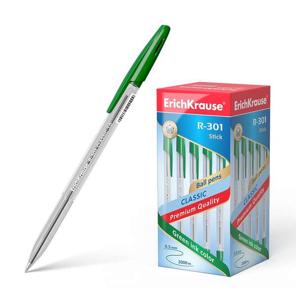Erichkrause R-301 Boligrafo de Bola Punta 1.0mm - Trazo 0.5mm - Tinta de Secado Rapido - Cuerpo Transparente - Capuchon Ventilado - Color Verde · Pack de 50 uds.