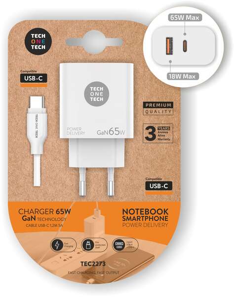 TechOneTech Cargador de Pared GaN PD 3.0 65W - Para Portatiles y Smartphones - Cable USB-C a USB-C 1m