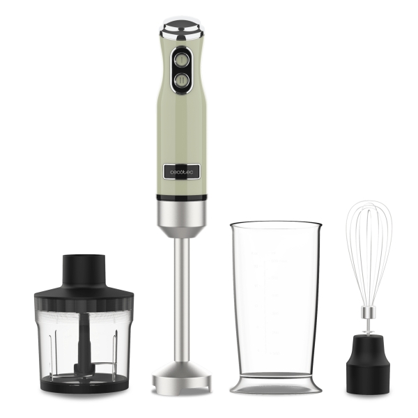 Cecotec Power RetroGreen 1200Max Cream and Crush Batidora de Mano - 1200W - Vaso de 0.5L - Accesorios Multifuncion - Campana Antisalpicadura - 4 Hojas Recubiertas de Titanio - Color Verde Cl