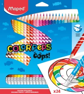 Maped Color´Peps Oops Pack de 24 Lapices de Colores Borrables - Mina 2.9mm - Con Goma de Borrar - Sin Madera - Colores Surtidos