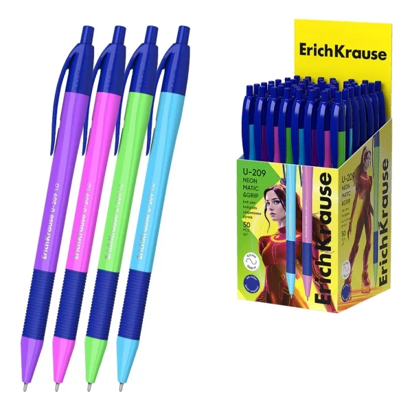 ErichKrause U-209 Matic and Grip Neon Boligrafo Retractil - Modelos Surtidos - Trazo 0.3mm - Zona de Agarre de Goma - Color Azul · Pack de 50 uds.