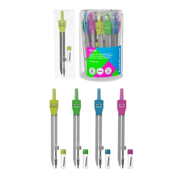 ErichKrause Compas Escolar con Articulacion y Mina de Repuesto - Colores Surtidos · Pack de 24 uds.