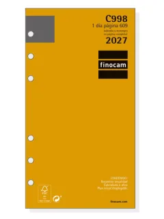 Finocam C998 Recambio para Agenda Classic - Anual 2027 - 1 Dia por Pagina - Formato 609 - 94x171mm - 6 Taladros - Papel de 70g/m2 - Esquinas Microperforadas - Color Blanco