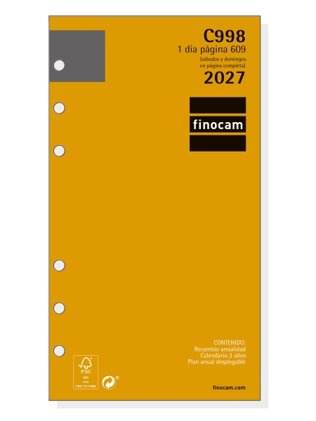 Finocam C998 Recambio para Agenda Classic - Anual 2027 - 1 Dia por Pagina - Formato 609 - 94x171mm - 6 Taladros - Papel de 70g/m2 - Esquinas Microperforadas - Color Blanco