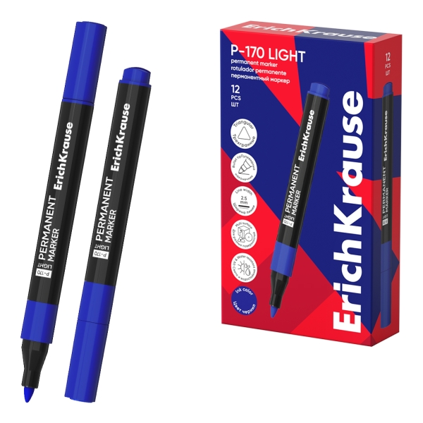 ErichKrause P-170 light Rotulador Permanente - Punta Conica - Trazo de 2.5mm - Resistente al Agua y a la Luz - Multisuperficie - Cuerpo Triangular - Secado Rapido - Color Azul · Pack de 12 u