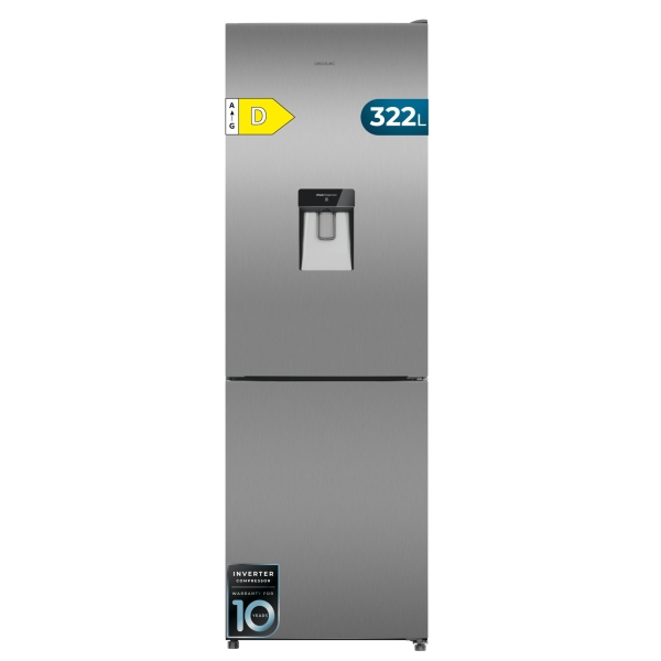 Cecotec Bolero CoolMarket Combi 322i WD Inox D Frigorifico Combi - Capacidad 322L - Deposito de 322L - Luz LED - Temperatura Regulable - Acero Inoxidable - Total Nofrost - 59.5x185.5cm - Col