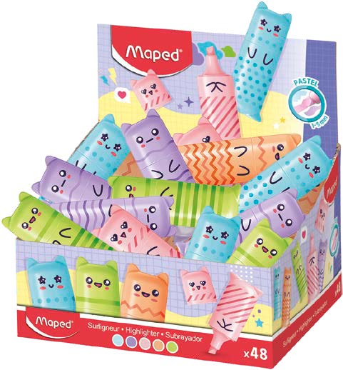 Maped Kawaii Expositor con 48 Mini Marcadores Fluorescentes Pastel - Divertidos Diseños Kawaii - Trazo de 1 a 5mm - Ideal para Subrayar y Resaltar - Colores Surtidos