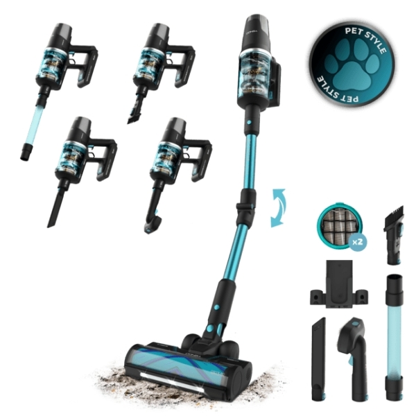 Cecotec Rockstar 9500 Lunar Pet Flex Aspirador de Escoba Vertical - 780W - Autonomia 90min - Succion 30kPa - Luz LED - Pantalla - Incluye Accesorios - Ideal para Mascotas - Color Negro y Azu