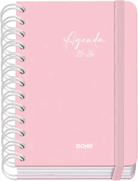 Dohe Serenity Agenda Escolar 25/26 Espiral Wire’o A6 - Dia Pagina - Papel 80g/m2 - 4 Hojas de Pegatinas - Cubierta de Carton Plastificado - Cierre con Goma Elastica - Color Rosa