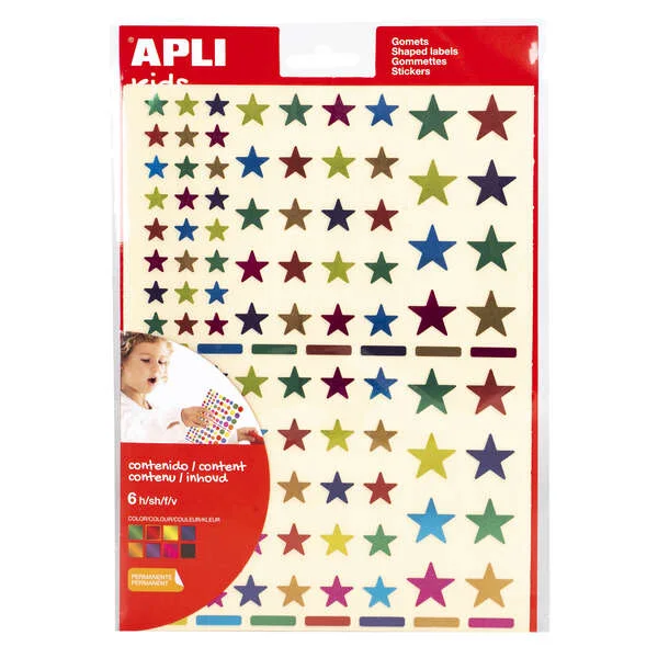 Apli Pack de 624 Gomets con Forma de Estrella - Adhesivo Removible - Acabado Metalizado - Ideales para Escuelas Infantiles - Desarrollo de Habilidades y Creatividad - Colores y Tamaños Surtidos · Pack de 5 uds.