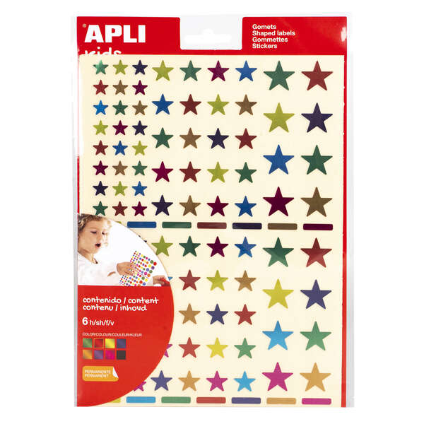 Apli Pack de 624 Gomets con Forma de Estrella - Adhesivo Removible - Acabado Metalizado - Ideales para Escuelas Infantiles - Desarrollo de Habilidades y Creatividad - Colores y Tamaños Surtidos · Pack de 5 uds.