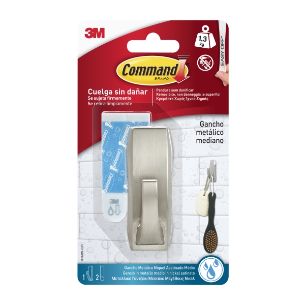 Command Gancho Metalico Mediano para Aseo - Resistente al Agua - 2 Tiras Adhesivas - Soporta hasta 1.3kg - Estilo Moderno - Color Niquel Satinado