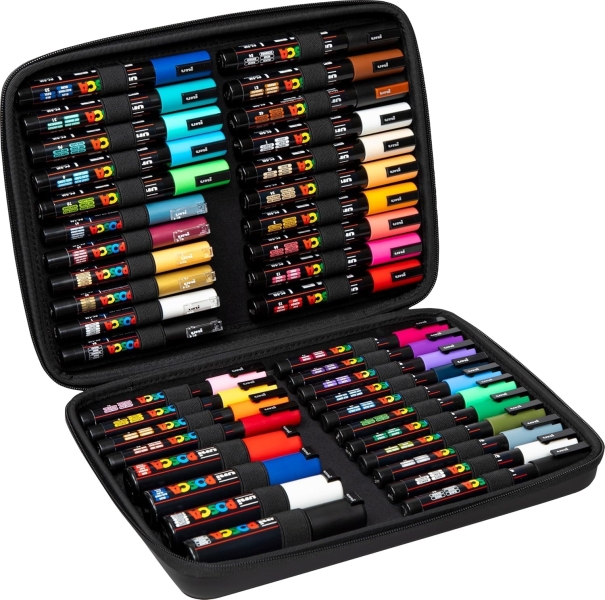 Posca Maletin Premium con 40 Marcadores de Pintura - Surtido en Color y Trazo - Punta de Poliester - Tinta Pigmentada Base Agua - Resistente a la Luz - Colores Surtidos