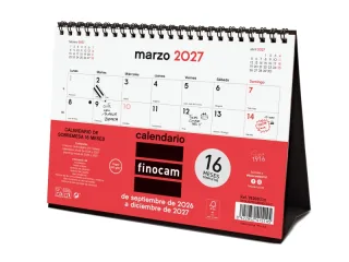 Finocam Neutro Calendario de Sobremesa - 16 Meses - Mes Vista - Formato S - 210x150mm - Espiral Doble Metalica - Papel de 120g/m2 - Listado de Festivos - Color Rojo/Blanco