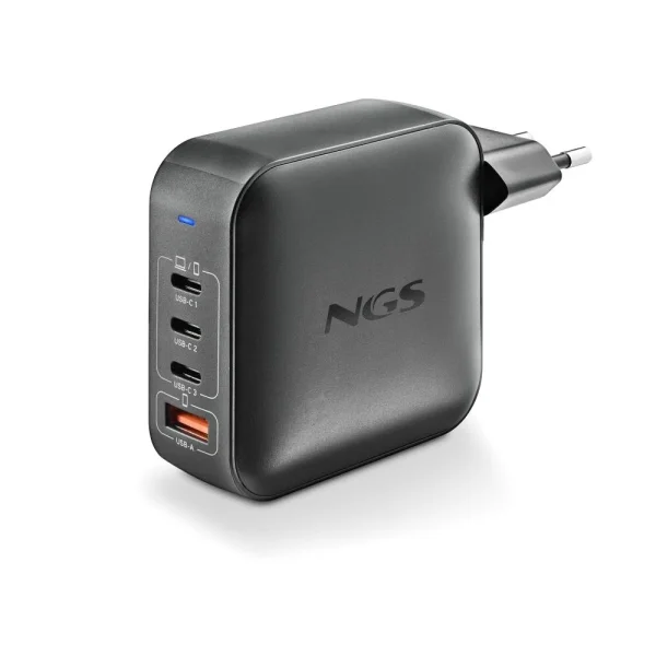 NGS Bud 160W Cargador GaN Universal de Pared 160W Ultrarapido - 3x USB-C PD & PPS, 1x USB-A QC 3.0 - Color Negro
