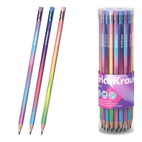 ErichKrause Galaxy Lapiz de Grafito con Goma de Borrar - Mina HB - Cuerpo Triangular - Plastico - Agarre Ergonomico - Faciles de Difuminar - Colores Surtidos · Pack de 42 uds.