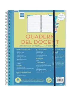 Finocam Organizacion Agenda sin Fechar en Catalan para Docentes - Semana Vista - 230x310mm - Tapas de Polipropileno - Papel de 80g/m2 - Cierre con Goma - Adhesivos Tematicos - Color Azul