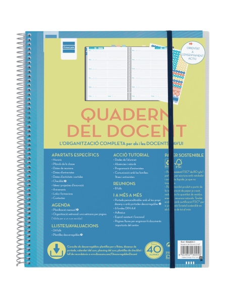 Finocam Organizacion Agenda sin Fechar en Catalan para Docentes - Semana Vista - 230x310mm - Tapas de Polipropileno - Papel de 80g/m2 - Cierre con Goma - Adhesivos Tematicos - Color Azul